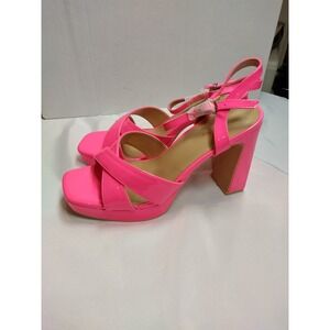 Hot Pink Patent Platform Block Heel Sandals Square Toe Ankle Strap TES326 Size 8